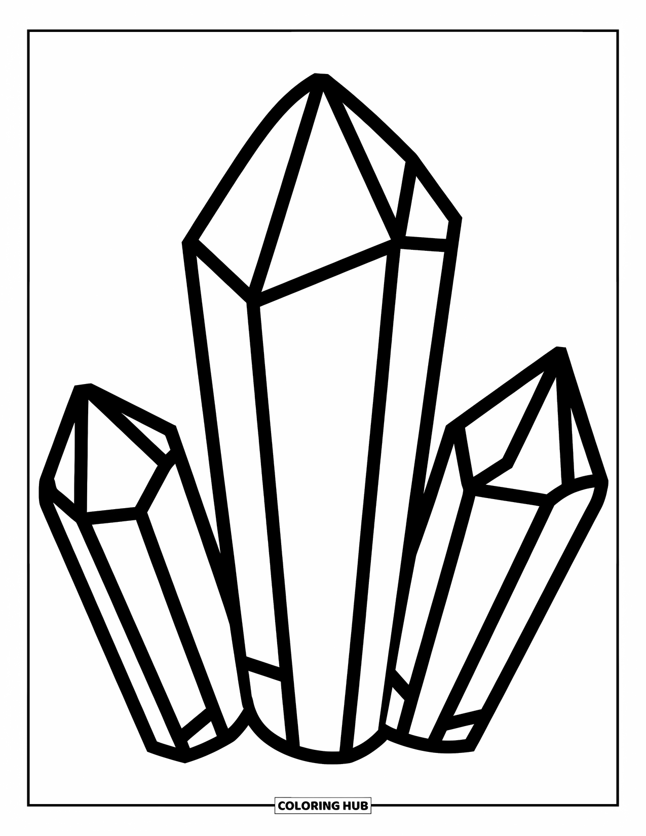 Desenho de Cristal para Colorir para Crianças: Três formas de cristal grandes em pé com contornos limpos e marcantes