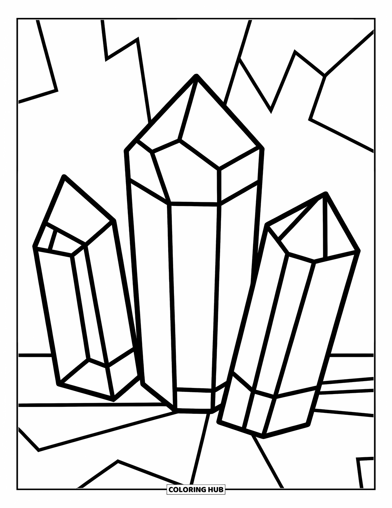 Desenho de Cristal para Colorir para Crianças: Três formas de cristal grandes em pé, com diferentes padrões e contornos marcantes