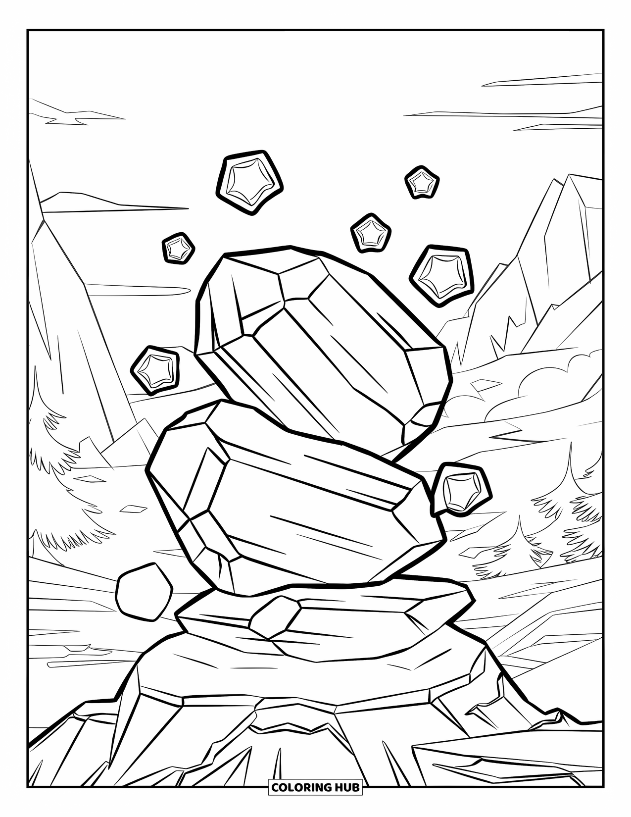 Desenho de Cristal para Colorir para Crianças: Dois grandes cristais com estrelas flutuando ao redor deles, situados em terreno rochoso