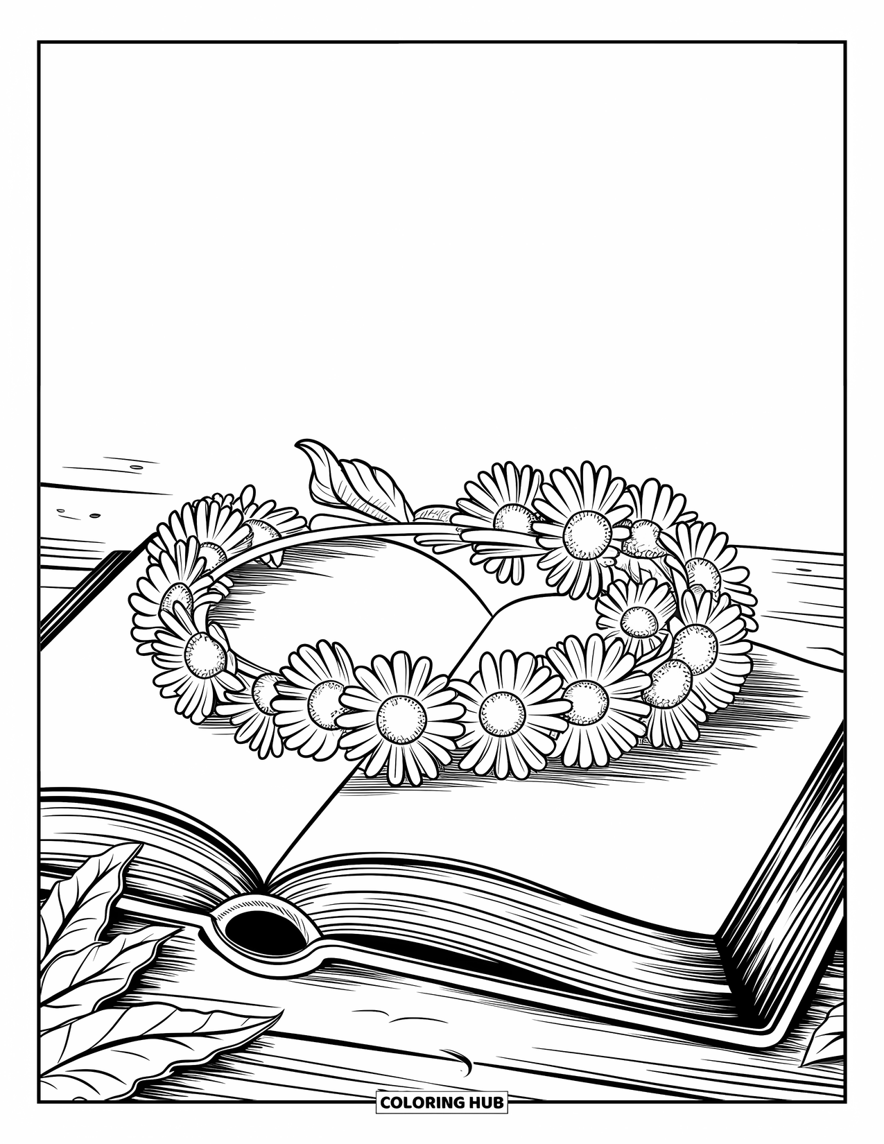 Desen de colorat cu margarete pentru adulți: O coroană de margarete așezată pe o carte deschisă, cu petale și frunze detaliate pe o suprafață de lemn