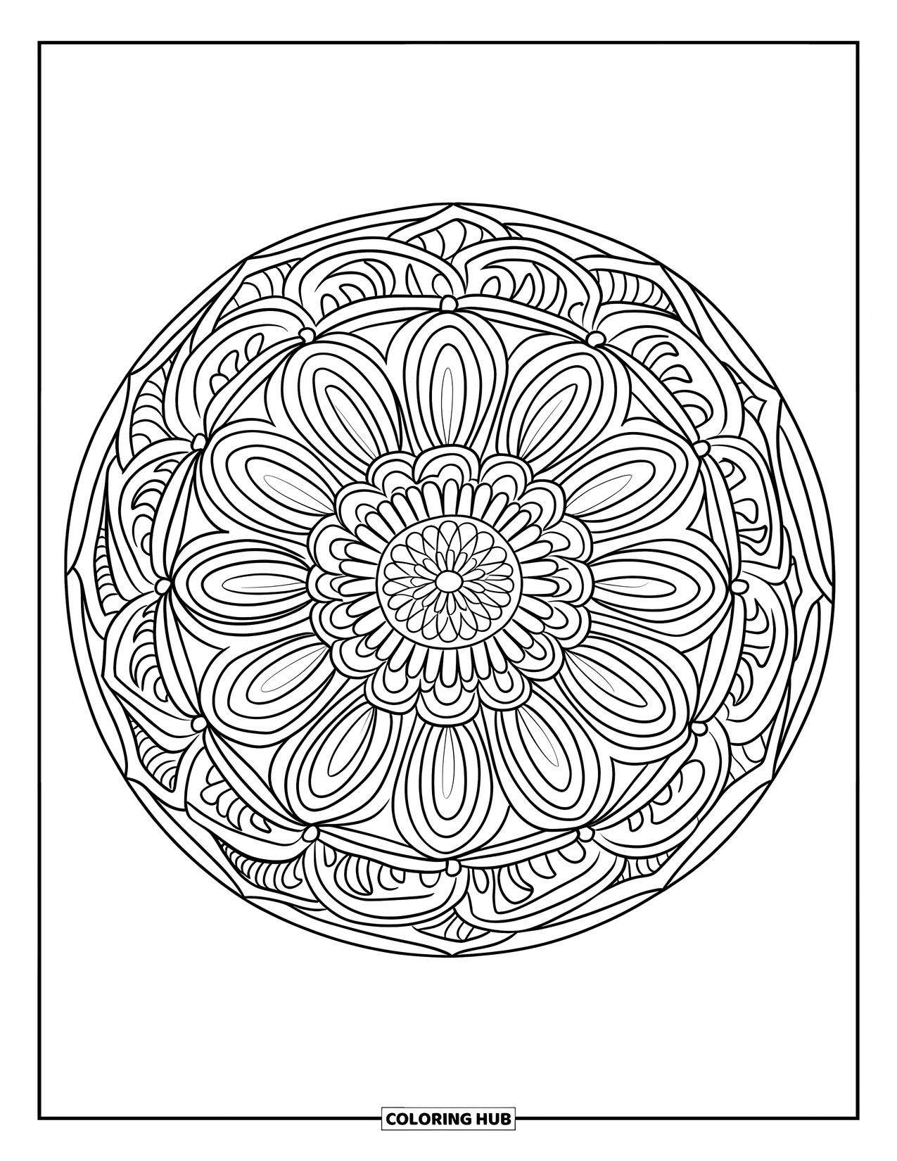 Desen de colorat cu margarete pentru adulți: O mandala cu margarete cu mai multe straturi de petale și modele complicate, înconjurată de o bordură circulară
