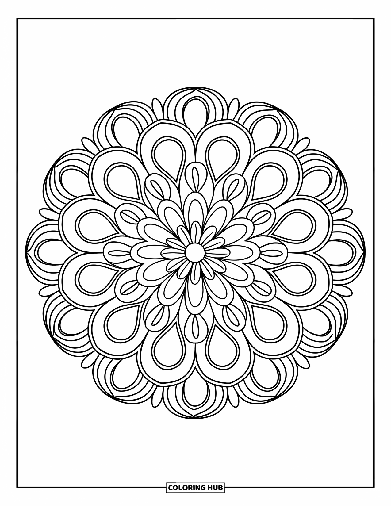 Desen de colorat cu margarete pentru adulți: O mandala detaliată cu margarete, cu mai multe straturi de petale și modele complicate, înconjurată de un model floral