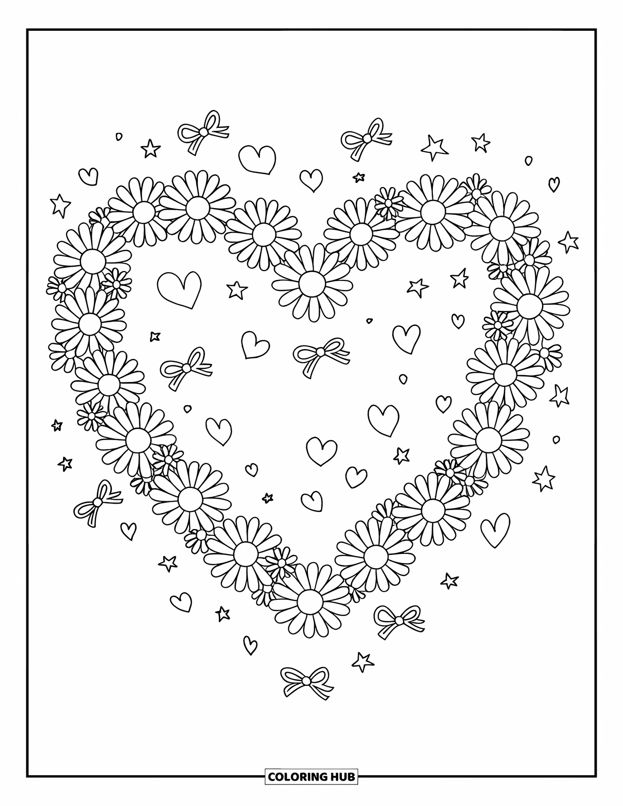 Desen de colorat cu margarete pentru adulți: O coroană în formă de inimă de margarete cu stele, funde și petale plutitoare împrăștiate în jur