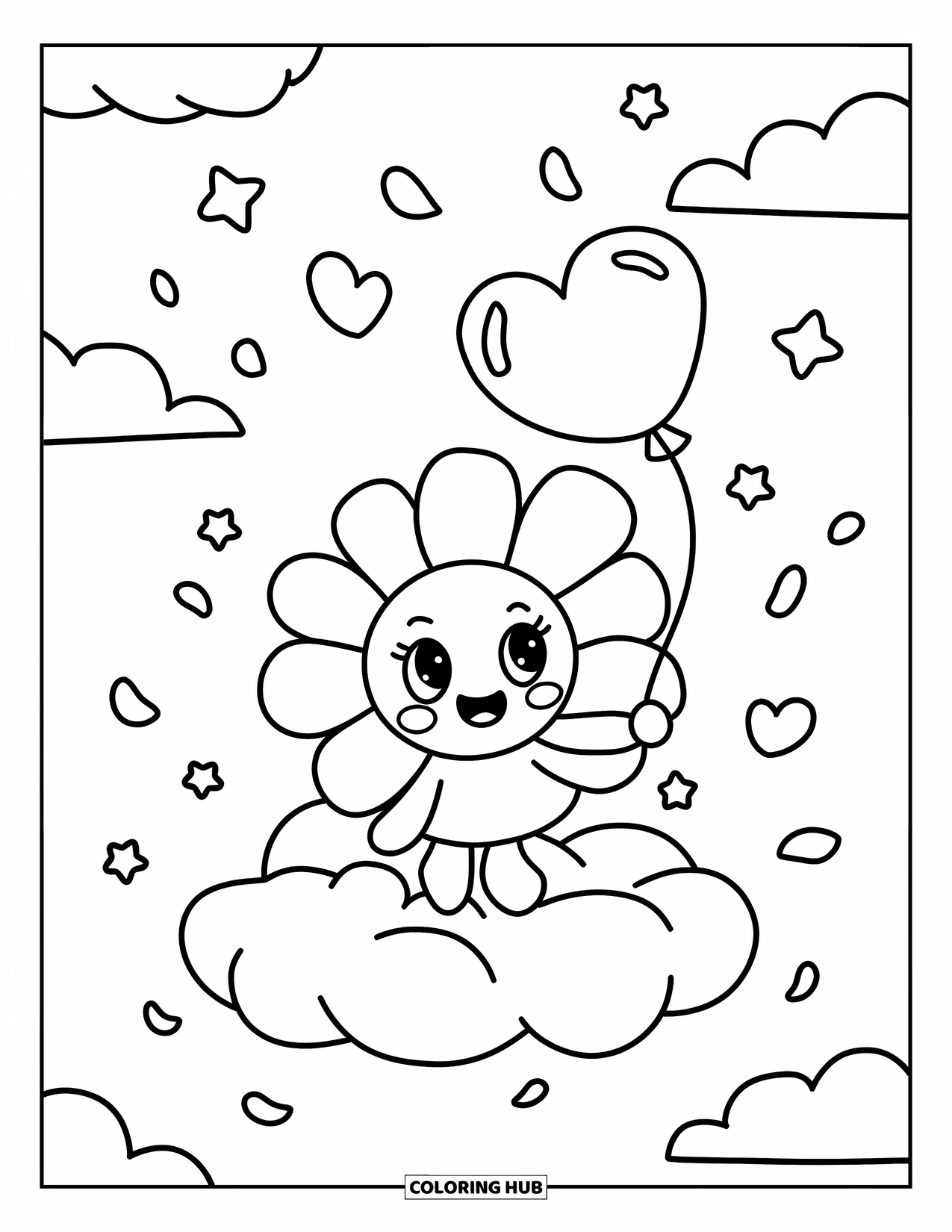 Desen de colorat cu margarete pentru adulți: Un personaj kawaii margaretă plutind pe un nor, ținând un balon, cu petale și stele care cad