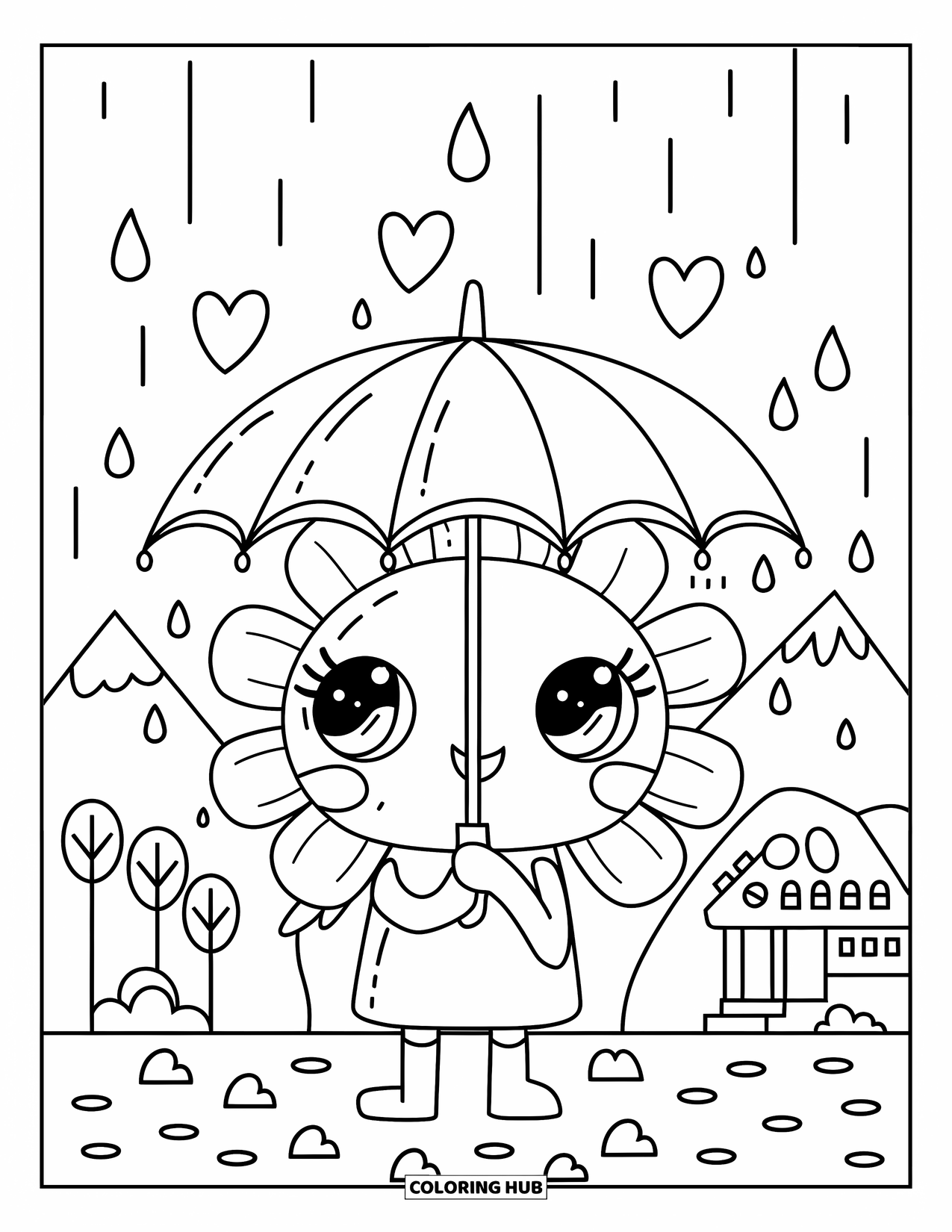 Desen de colorat cu margarete pentru adulți: Un personaj kawaii margaretă ținând o umbrelă sub picături de ploaie în formă de inimă, cu un peisaj senin și elemente jucăușe