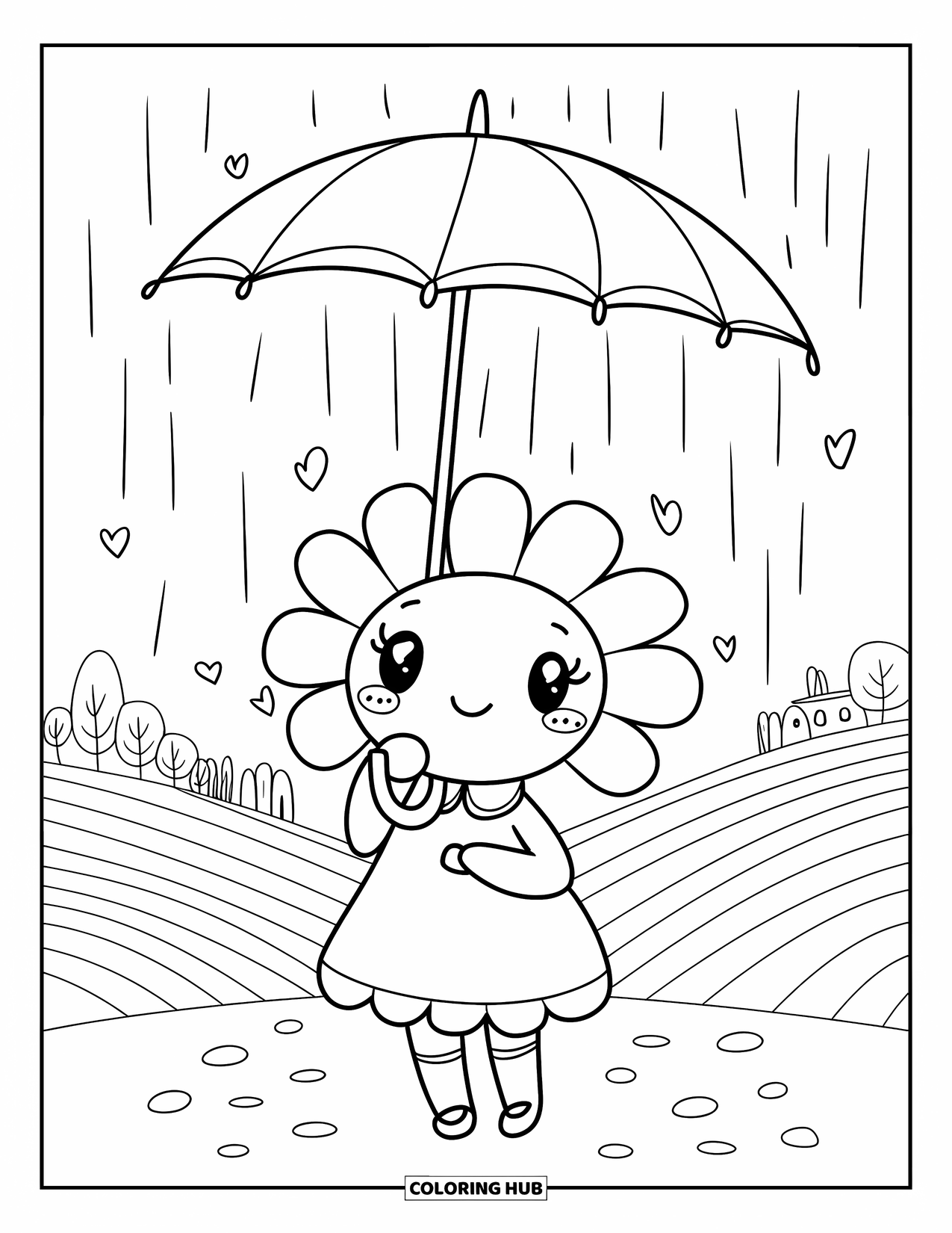 Desen de colorat cu margarete pentru adulți: Un personaj kawaii margaretă ținând o umbrelă sub ploaie ușoară cu picături de ploaie în formă de inimă