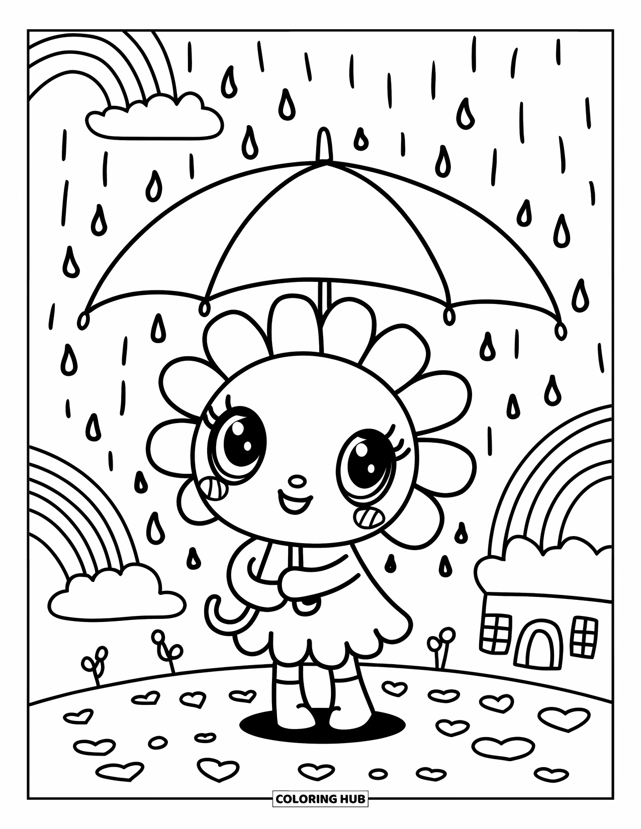 Desen de colorat cu margarete pentru adulți: Un personaj kawaii margaretă ținând o umbrelă, cu picături de ploaie în formă de inimă căzând și elemente jucăușe