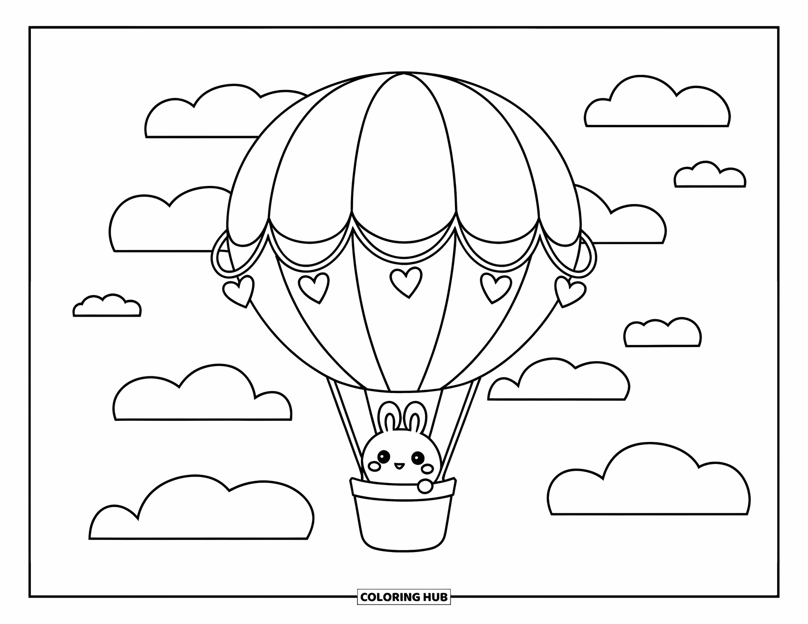 Desen de colorat cu margarete pentru adulți: Un balon cu aer cald în stil kawaii margaretă, plutind cu ghirlande de inimă și un iepure ținând coșul