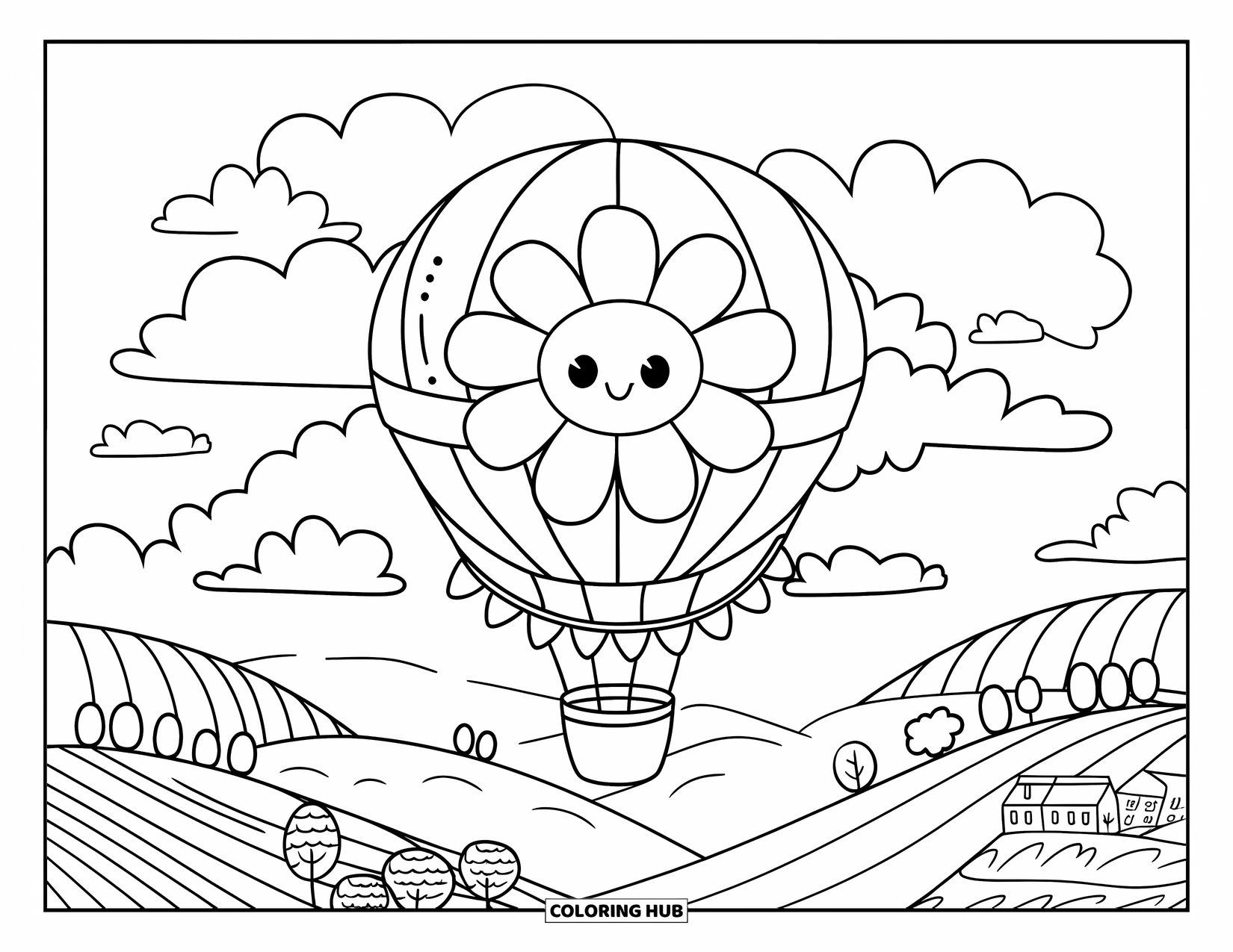 Desen de colorat cu margarete pentru adulți: Un balon cu aer cald în stil kawaii în formă de margaretă, plutind printre nori pufoși cu ghirlande de inimă