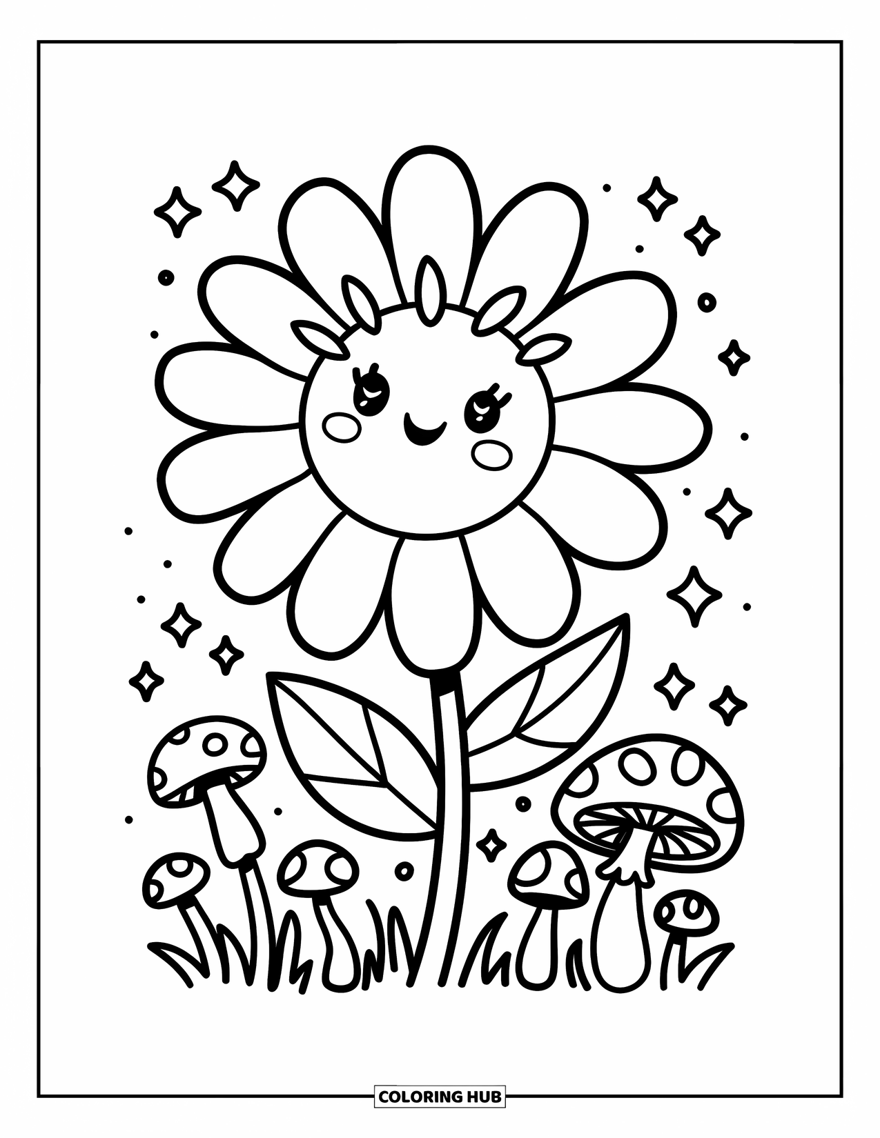 Desen de colorat cu margarete pentru adulți: O margaretă mare în stil kawaii cu o față fericită, purtând o coroană de frunze, înconjurată de ciuperci