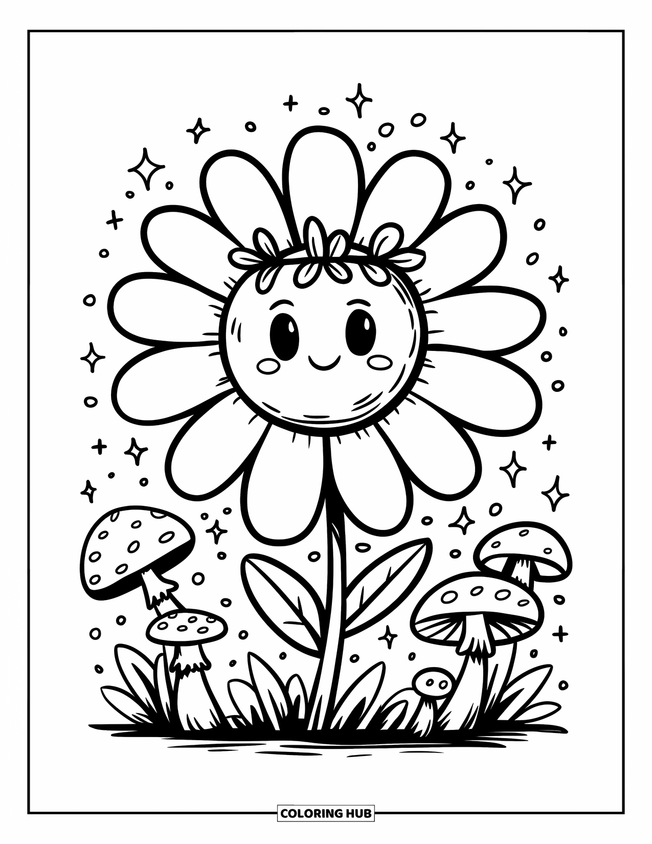 Desen de colorat cu margarete pentru adulți: O margaretă mare cu o față fericită și coroană de frunze, înconjurată de ciuperci și sclipici