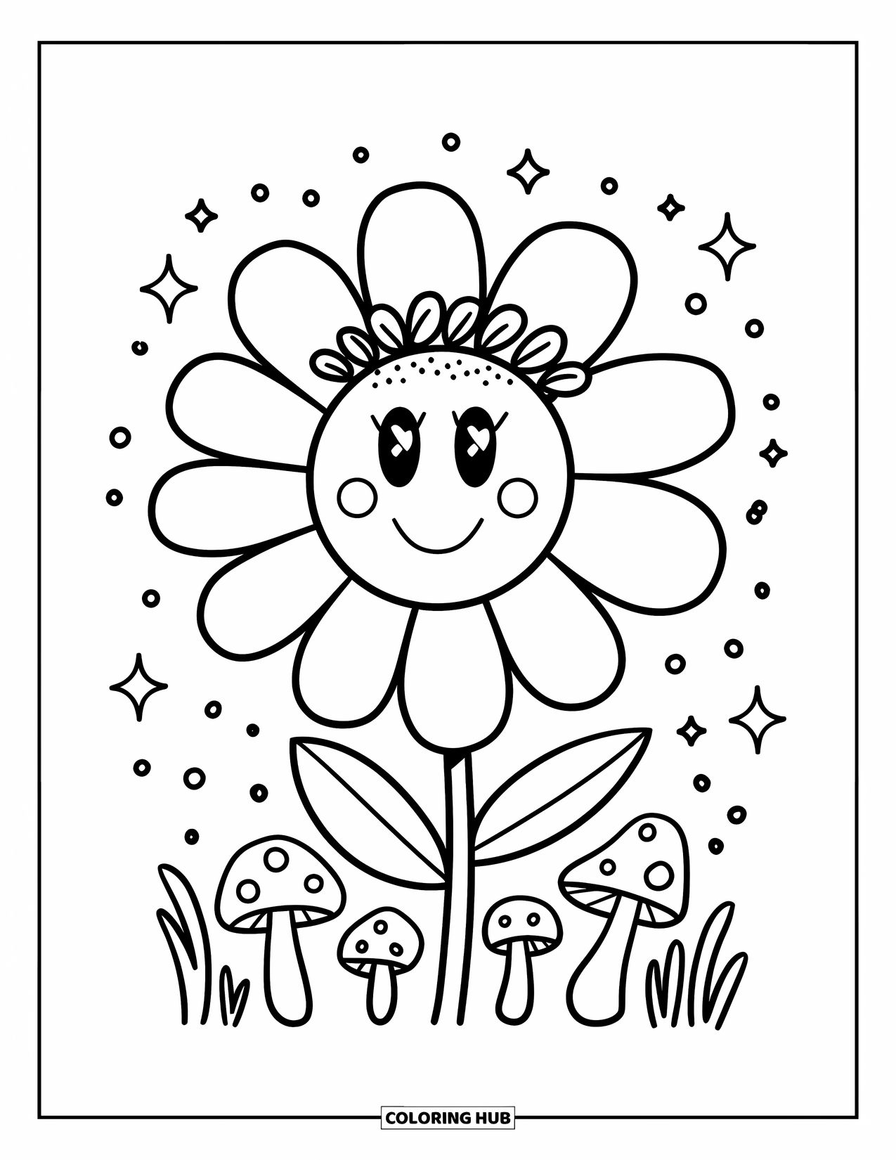 Desen de colorat cu margarete pentru adulți: O margaretă mare cu o față fericită, purtând o coroană de frunze, înconjurată de ciuperci și sclipici