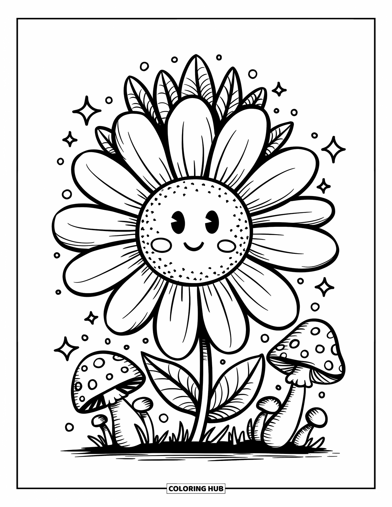 Desen de colorat cu margarete pentru adulți: O margaretă mare cu o față fericită, purtând o coroană mică de frunze, înconjurată de ciuperci și sclipici