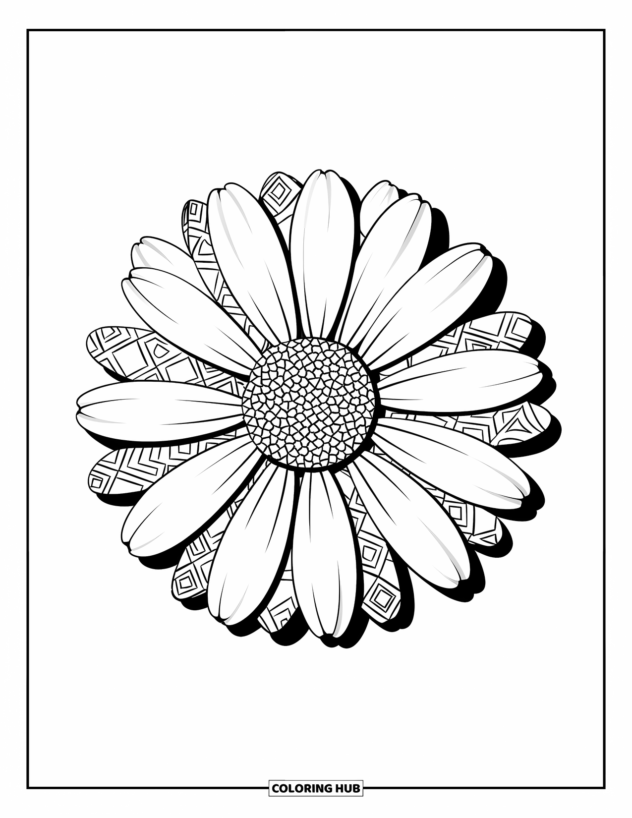 Desen de colorat cu margarete pentru adulți: O margaretă mare cu modele geometrice în fiecare petală, așezată pe un fundal simplu