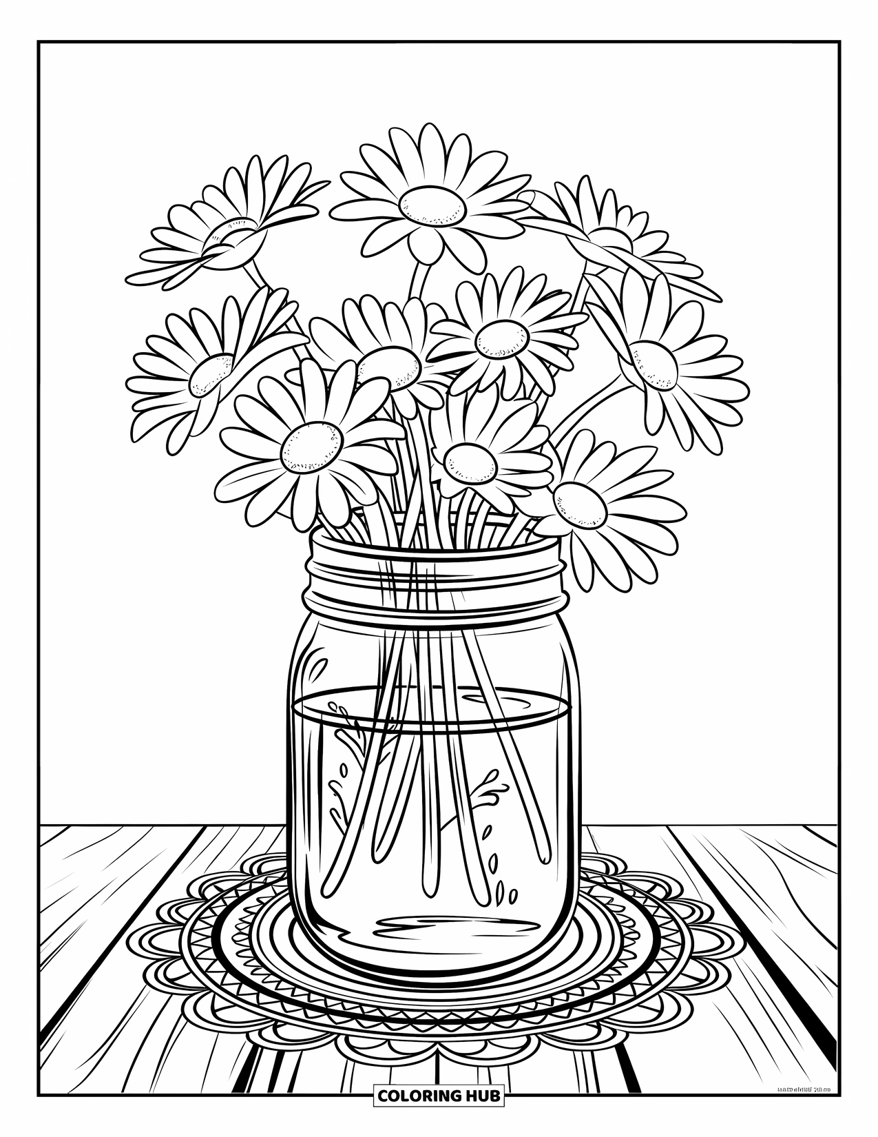 Desen de colorat cu margarete pentru adulți: Un borcan umplut cu margarete și apă, așezat pe o suprafață de lemn cu modele complicate