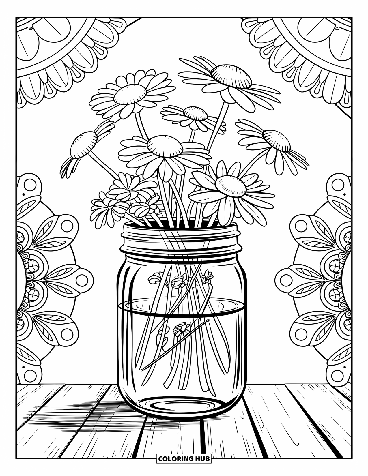 Desen de colorat cu margarete pentru adulți: Un borcan umplut cu margarete și apă, așezat pe o suprafață de lemn cu elemente artistice