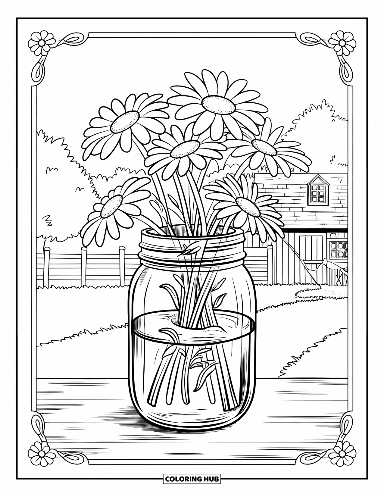 Desen de colorat cu margarete pentru adulți: Un borcan cu margarete și apă, așezat pe o suprafață de lemn cu o scenă rustică în fundal