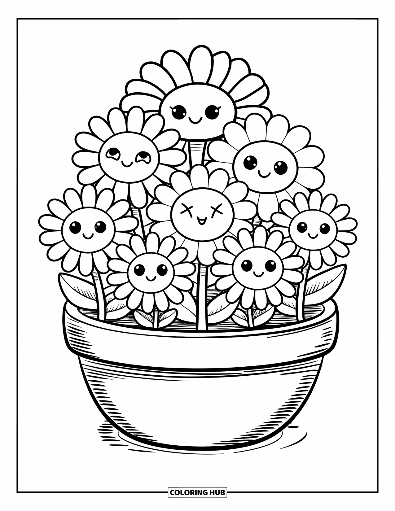 Desen de colorat cu margarete pentru adulți: Un ghiveci rotund plin cu margarete, fiecare cu o expresie facială drăguță