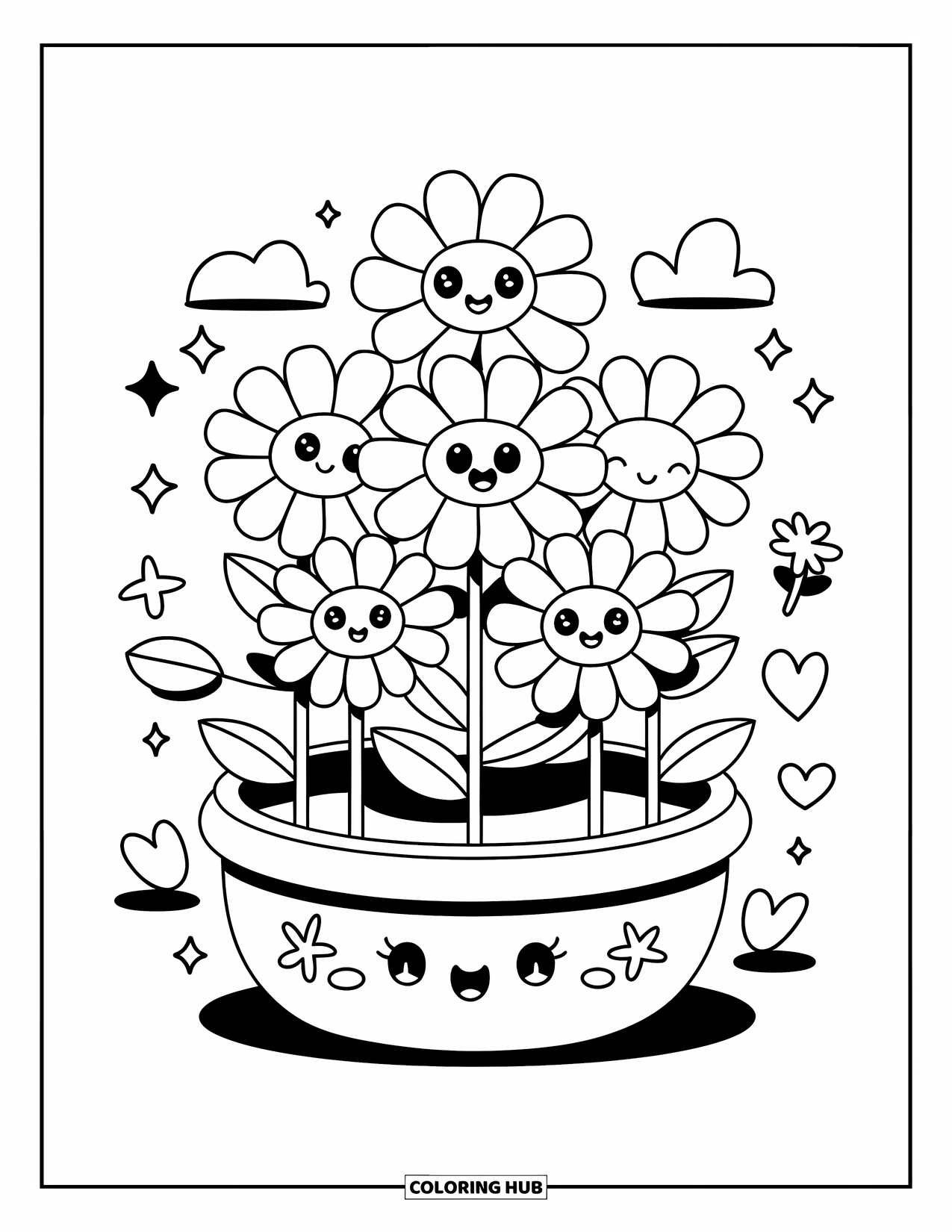Desen de colorat cu margarete pentru adulți: Un ghiveci rotund cu margarete, fiecare cu o expresie facială drăguță și elemente miniaturale