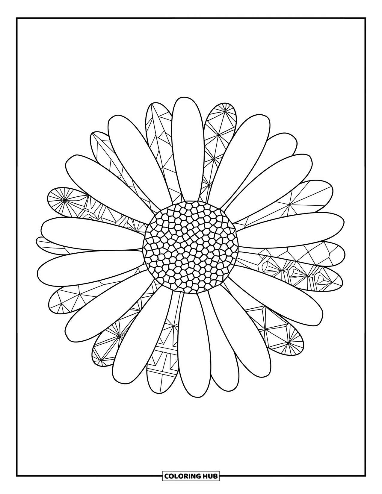 Desen de colorat cu margarete pentru adulți: O singură margaretă mare cu modele geometrice în fiecare petală, concepută pentru o experiență de colorat relaxantă