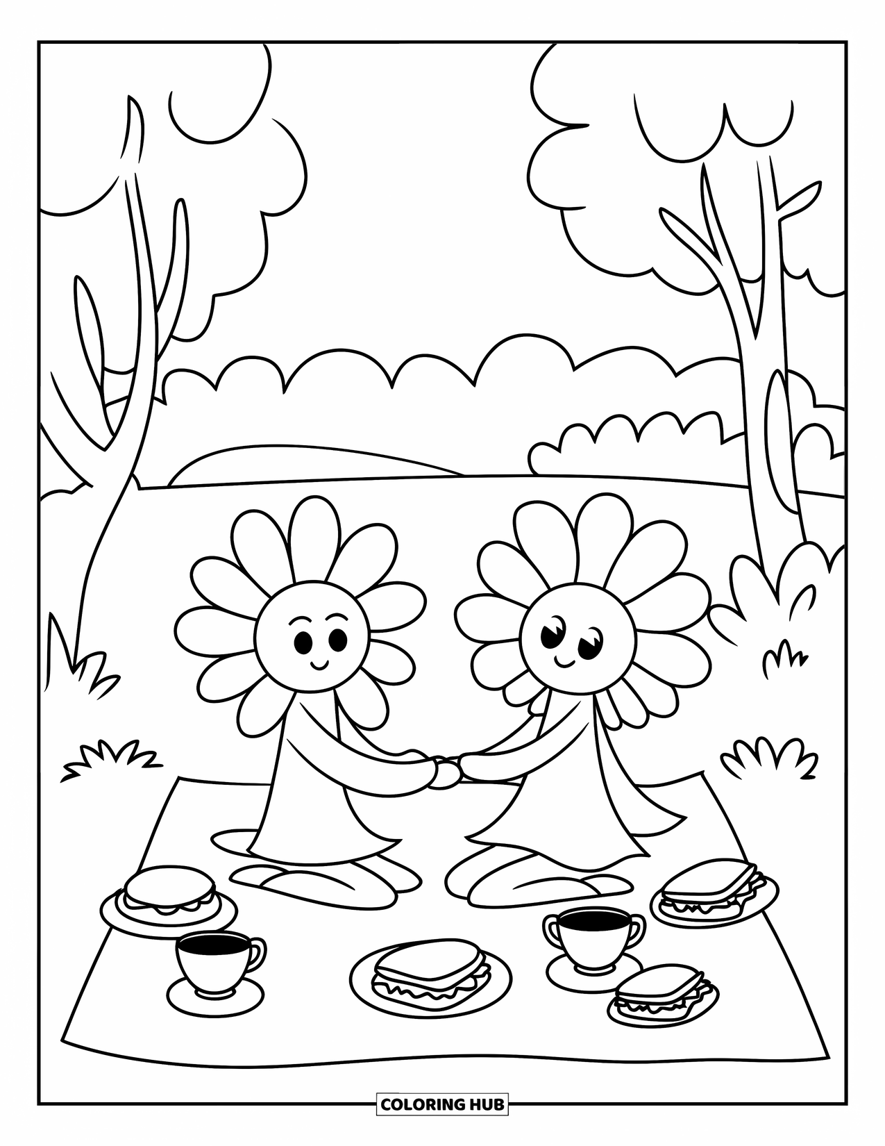 Desen de colorat cu margarete pentru adulți: Două personaje margaretă așezate pe o pătură de picnic cu mâncare, într-un peisaj senin cu copaci și apă