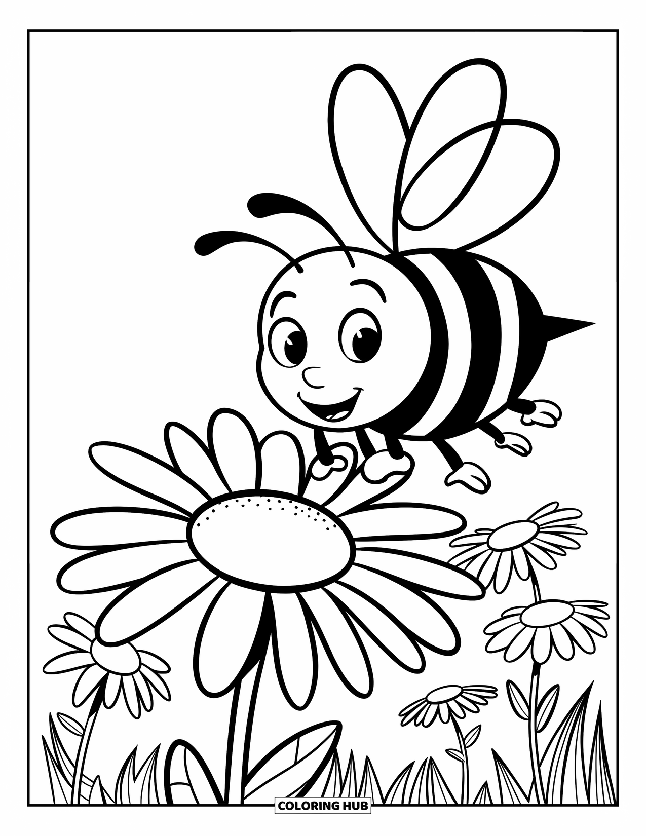 Desen de colorat cu margarete pentru copii: O albină planează deasupra unei margarete într-un câmp însorit