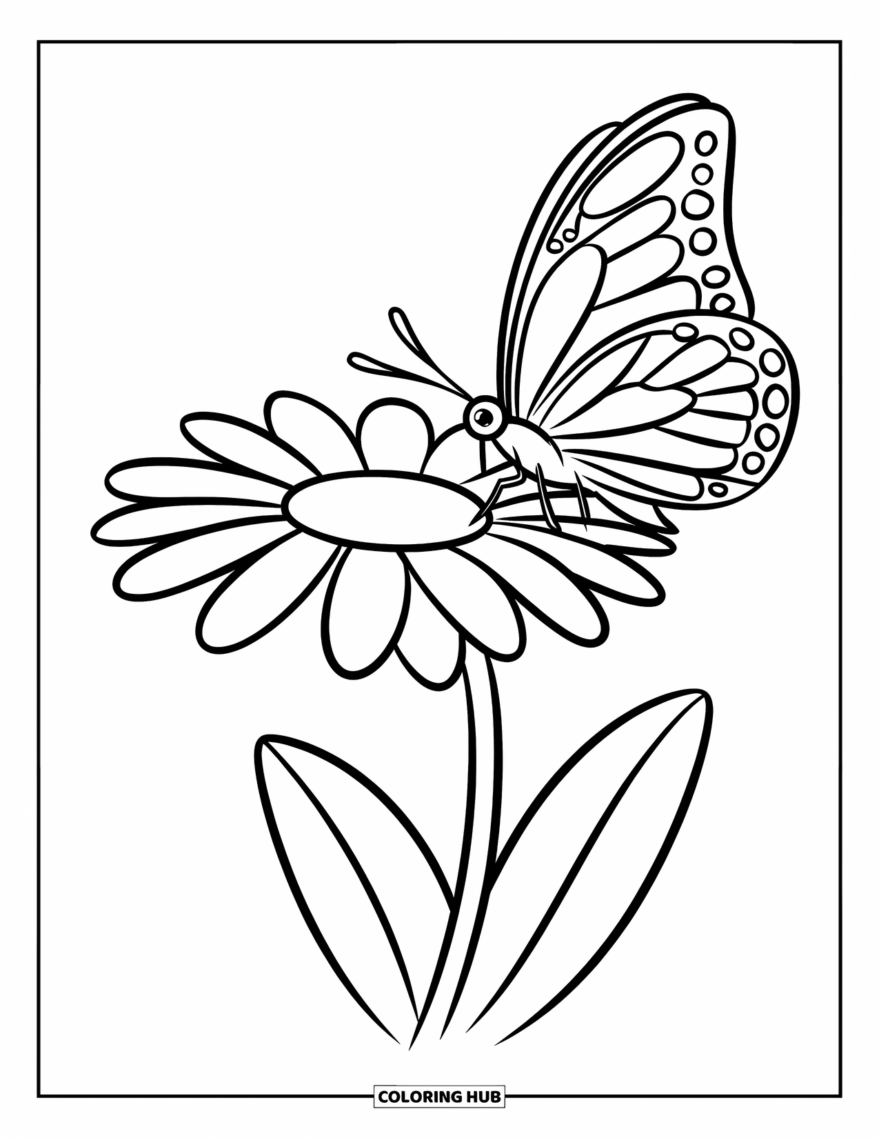 Desen de colorat cu margarete pentru copii: O margaretă îndrăzneață cu un fluture așezat pe o petală