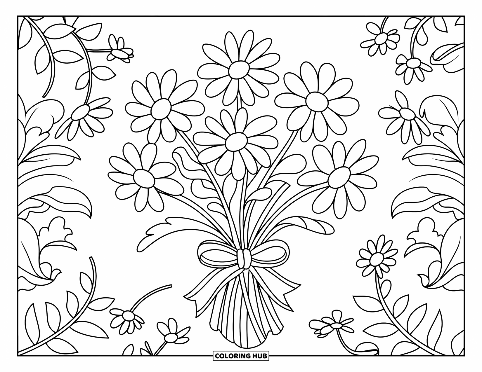 Desen de colorat cu margarete pentru copii: Un buchet vesel de margarete legat cu o panglică