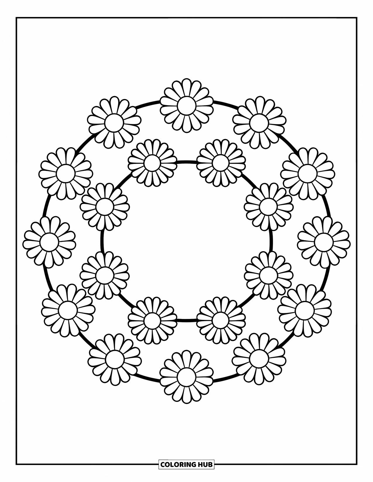 Desen de colorat cu margarete pentru copii: O coroană de margarete în formă de cerc cu flori distanțate uniform