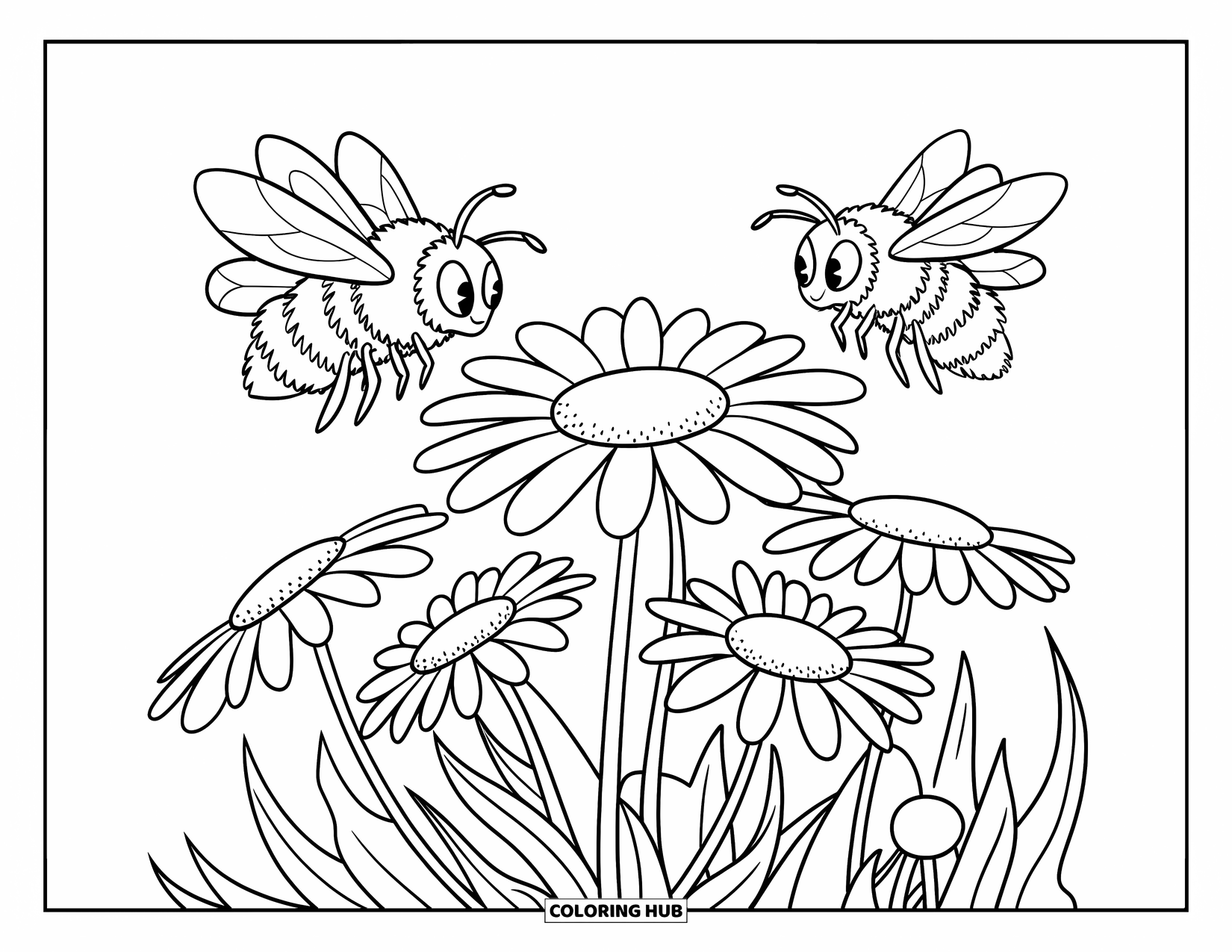 Desen de colorat cu margarete pentru copii: Un grup de margarete înconjurat de albine zumzăitoare cu aripi dinamice în zbor
