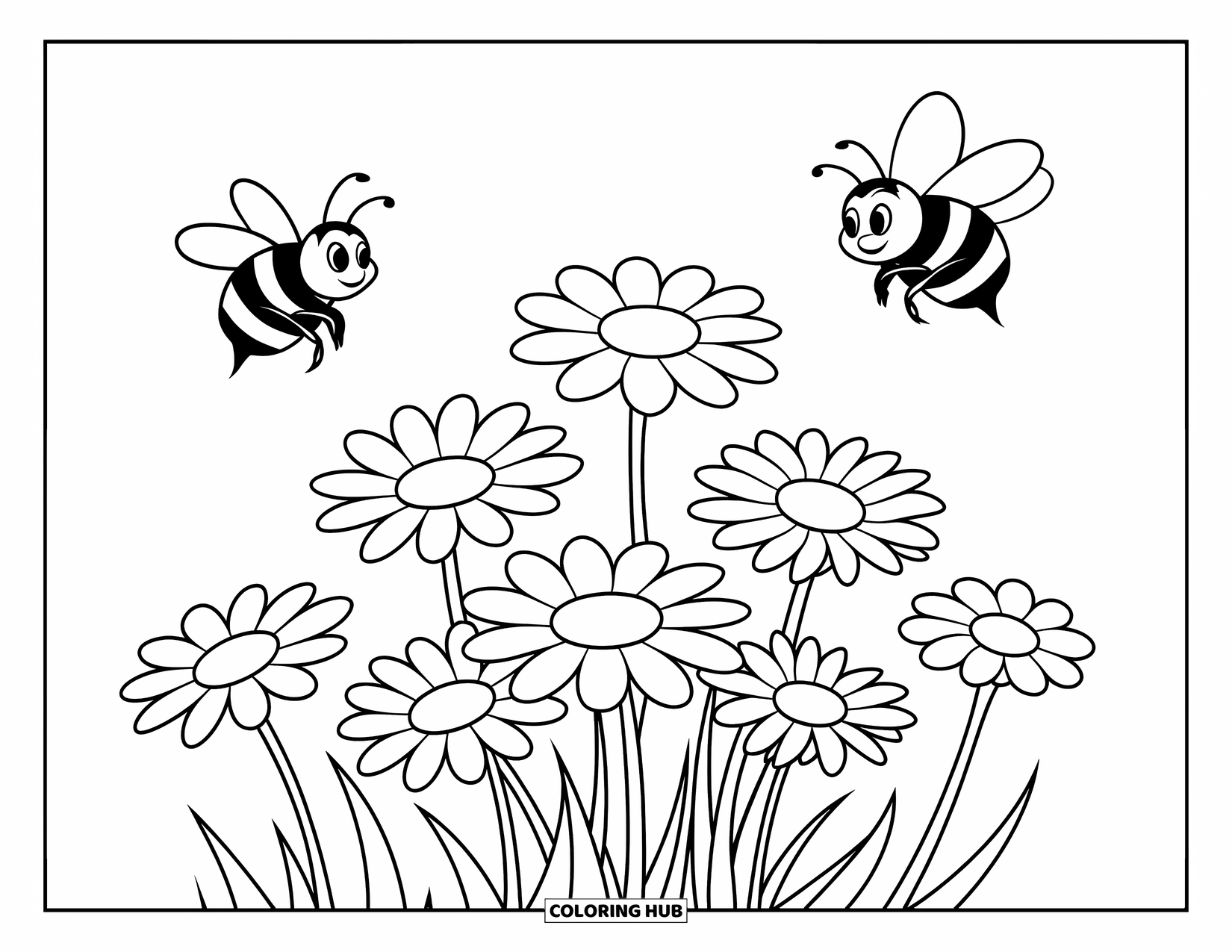 Desen de colorat cu margarete pentru copii: Un grup de margarete înconjurat de două albine zumzăitoare în zbor