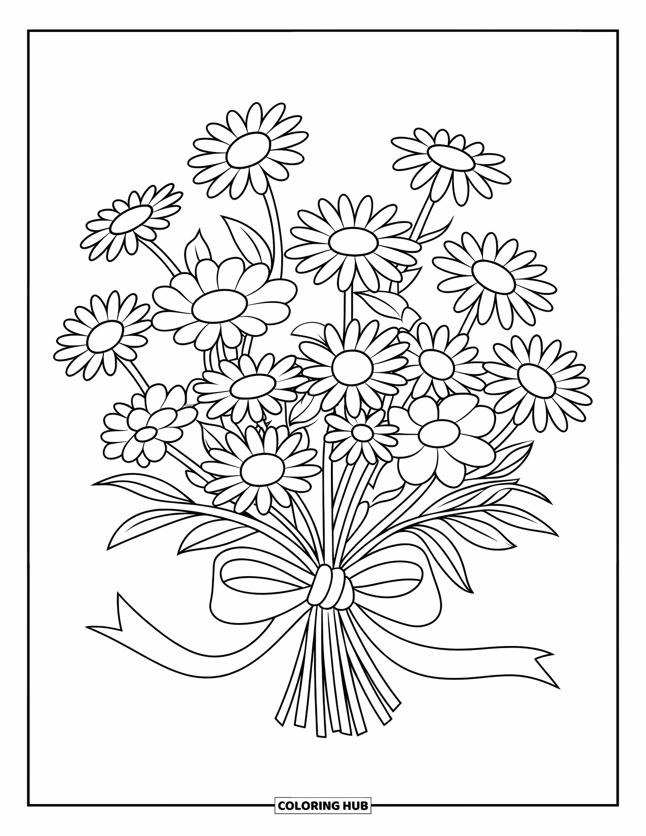 Desen de colorat cu margarete pentru copii: Un buchet drăguț de margarete legat cu o panglică