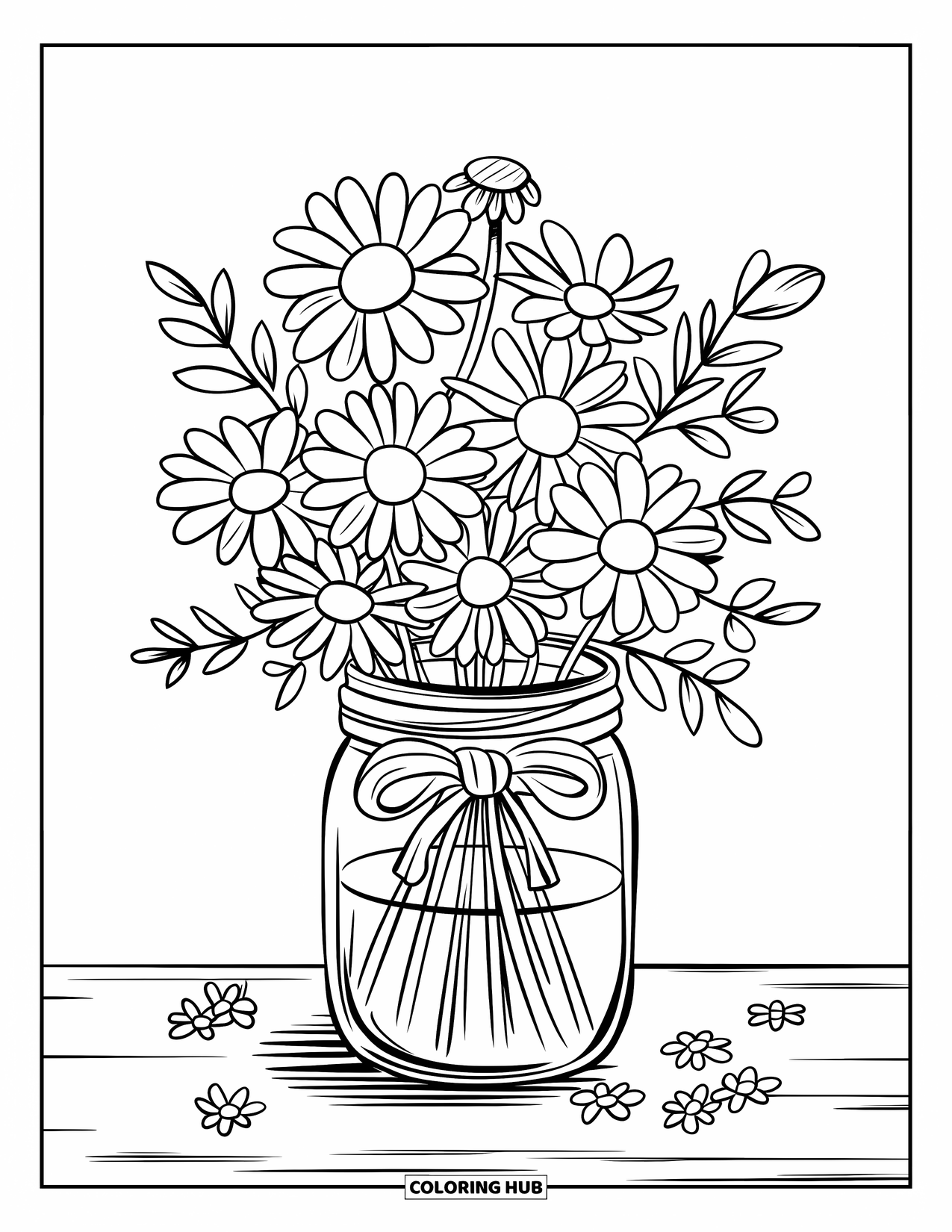 Desen de colorat cu margarete pentru copii: Un buchet de margarete într-un borcan, legat cu o fundă în jurul gâtului, așezat pe o suprafață de lemn