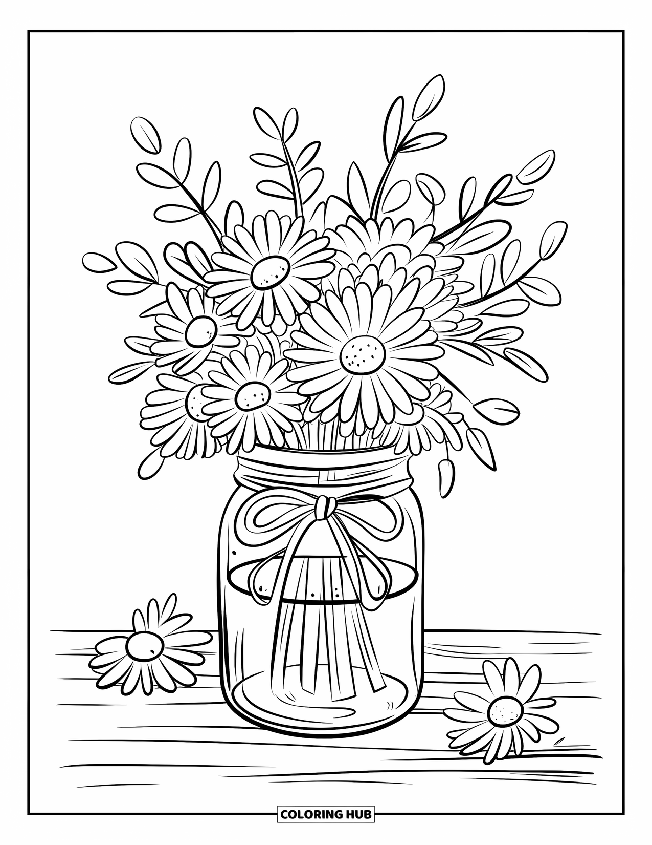 Desen de colorat cu margarete pentru copii: Un buchet de margarete într-un borcan, legat cu o fundă, așezat pe o suprafață de lemn cu margarete împrăștiate