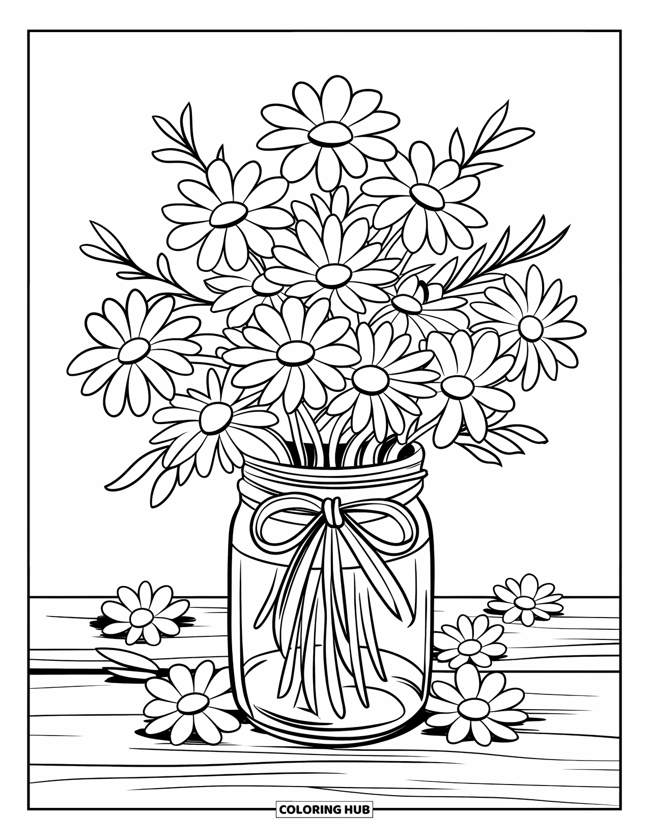 Desen de colorat cu margarete pentru copii: Un buchet de margarete într-un borcan, cu margarete împrăștiate în jur și legate cu o fundă