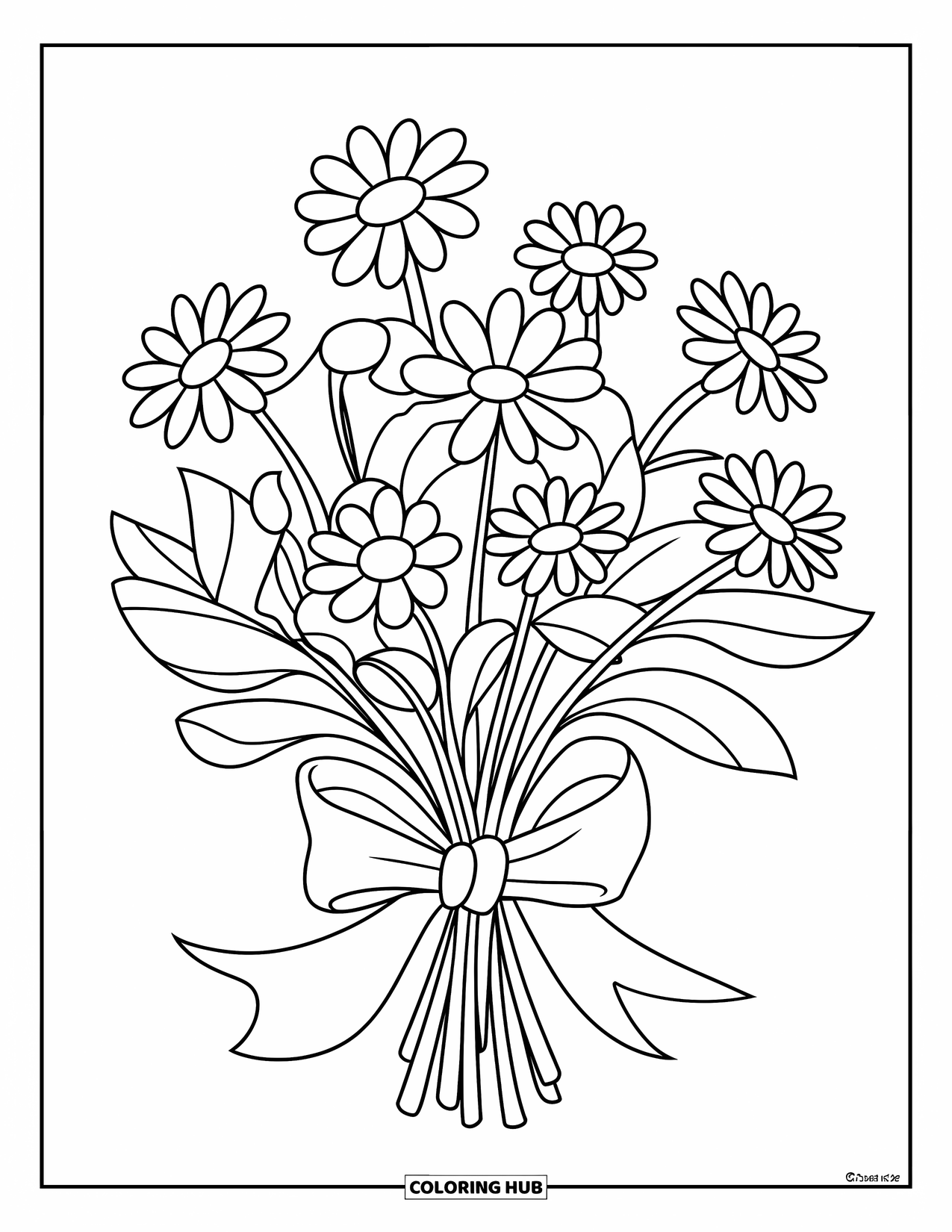 Desen de colorat cu margarete pentru copii: Un buchet de margarete legat cu o panglică