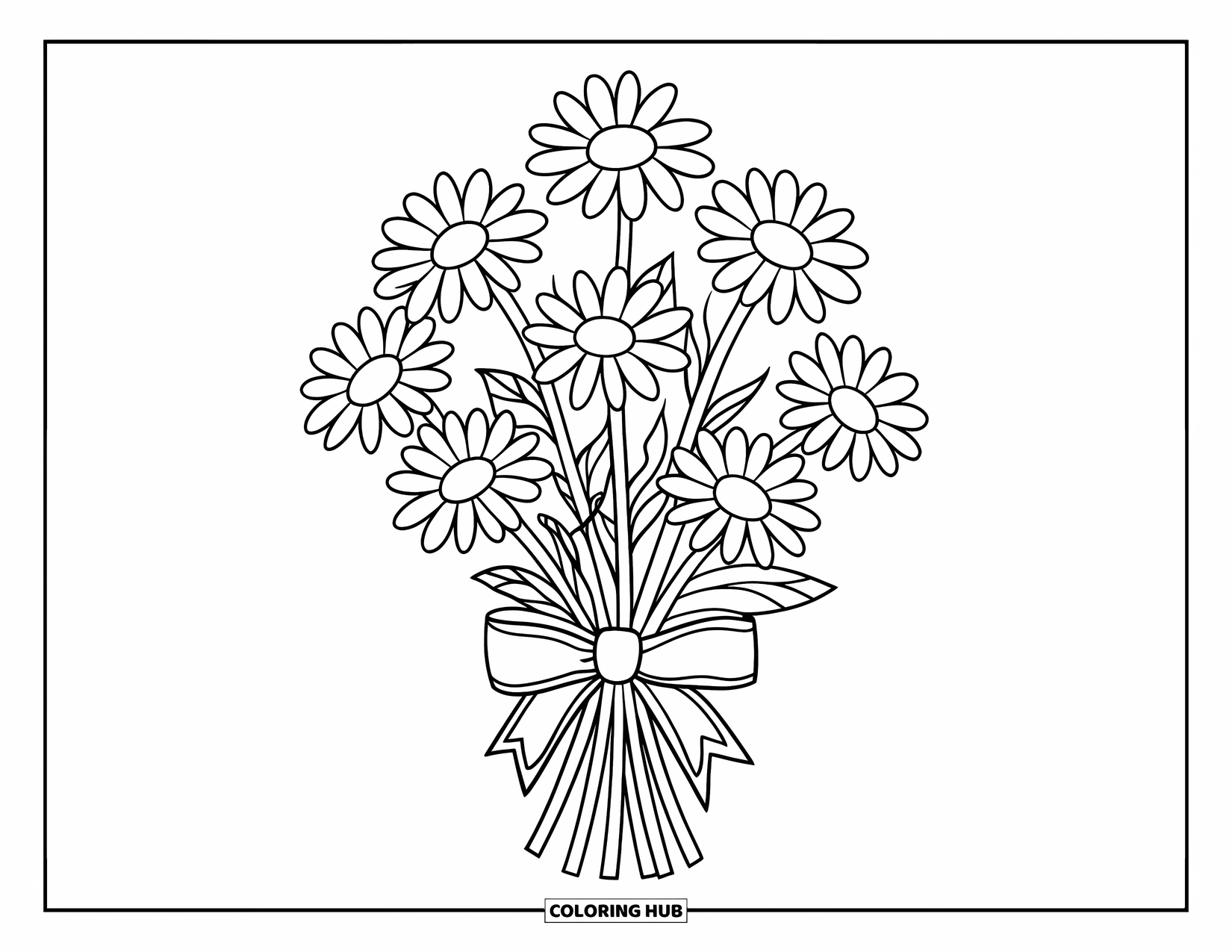 Desen de colorat cu margarete pentru copii: Un buchet de margarete cu o panglică, îndrăzneț și ușor de colorat