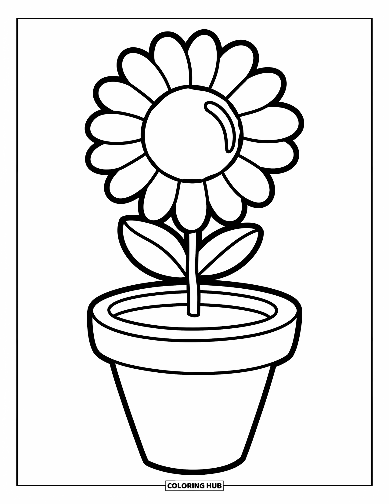 Desen de colorat cu margarete pentru copii: O floare de margaretă într-un ghiveci cu un centru galben