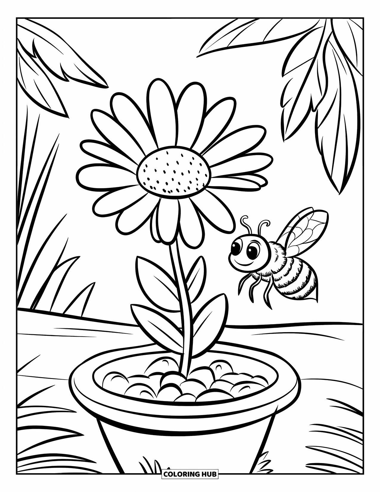 Desen de colorat cu margarete pentru copii: O plantă de margarete într-un ghiveci mic, cu o albină planând în apropiere și pietre la bază