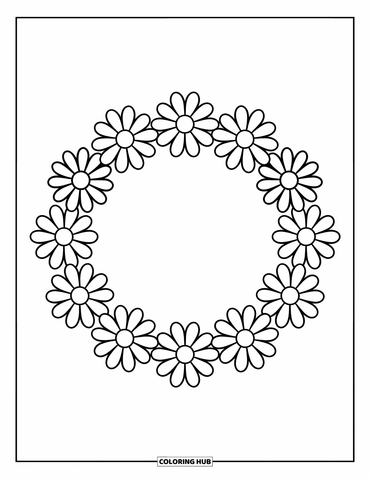 Desen de colorat cu margarete pentru copii: O coroană de margarete într-un cerc, cu flori distanțate uniform