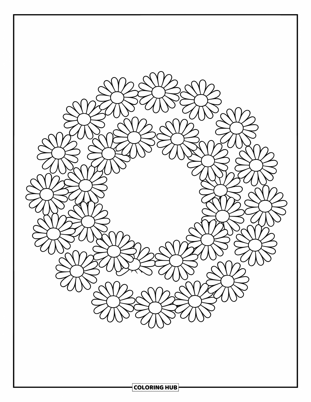 Desen de colorat cu margarete pentru copii: O coroană de margarete într-un cerc perfect, plină de farmec