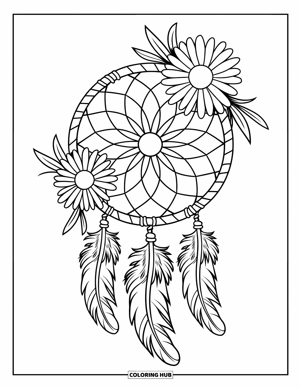 Desen de colorat cu margarete pentru copii: Un prinzător de vise cu o temă de margarete, cu un cerc țesut și pene atârnate