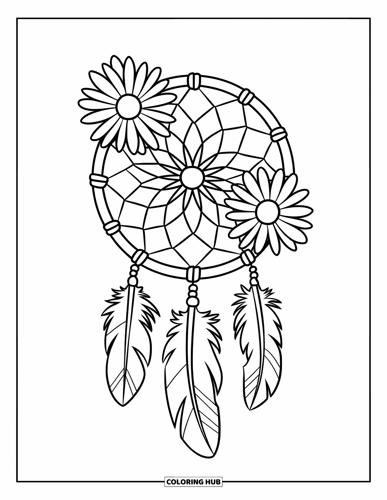 Desen de colorat cu margarete pentru copii: Un prinzător de vise cu o temă de margarete, cu o pânză țesută și pene atârnate