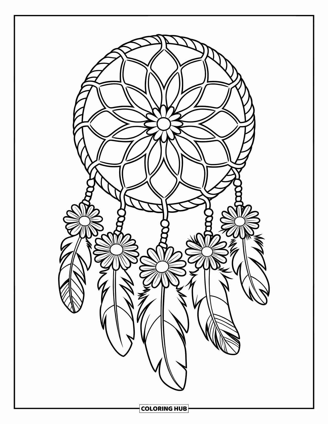 Desen de colorat cu margarete pentru copii: Un prinzător de vise cu găuri în formă de margaretă în pânză și pene atârnate dedesubt