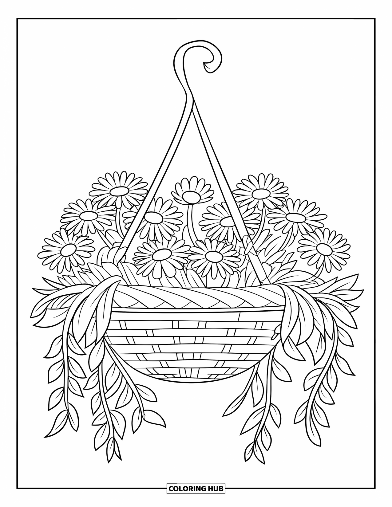 Desen de colorat cu margarete pentru copii: Un coș suspendat plin cu margarete cu centre galbene și petale albe