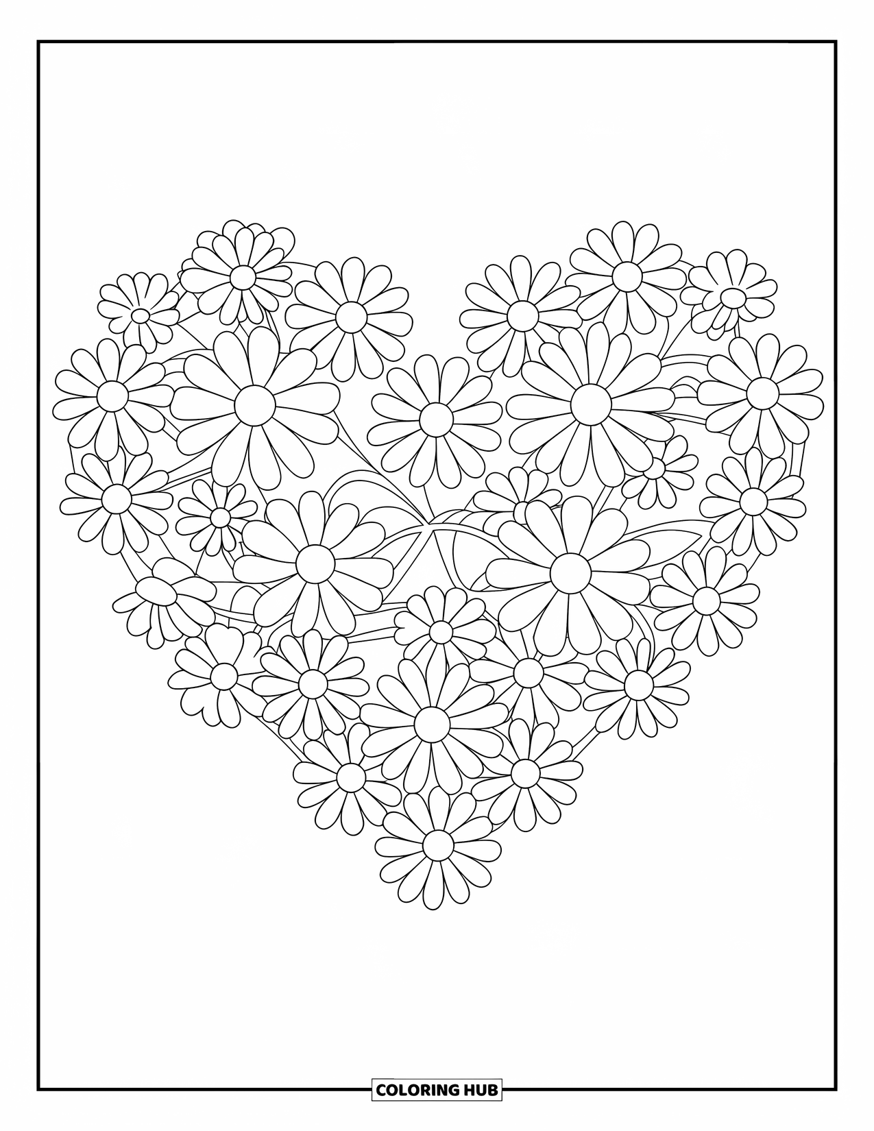 Desen de colorat cu margarete pentru copii: Un aranjament în formă de inimă de margarete cu centre galbene, potrivit pentru colorat de elevii de școală primară