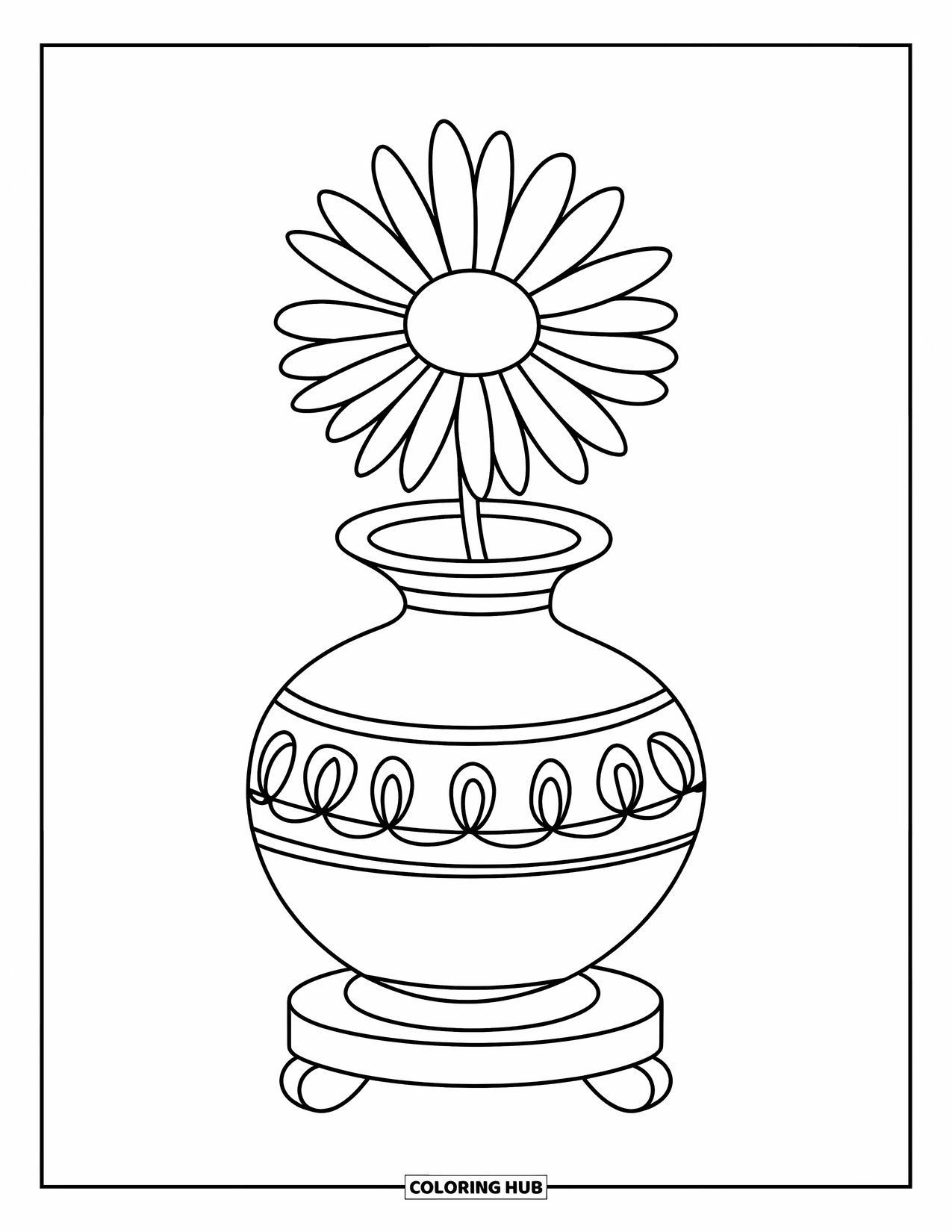 Desen de colorat cu margarete pentru copii: O singură margaretă într-o vază decorativă cu modele ornamentale pe un suport de lemn