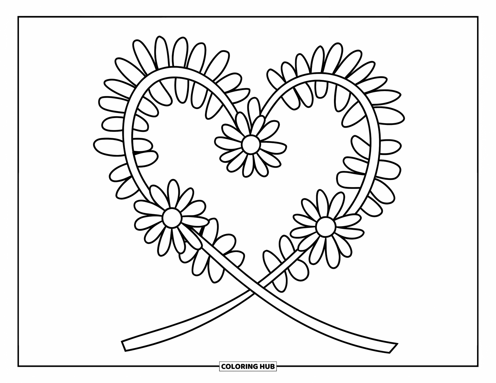 Desen de colorat cu margarete pentru copii: Două tulpini de margarete împletite formând o formă de inimă cu contururi îndrăznețe