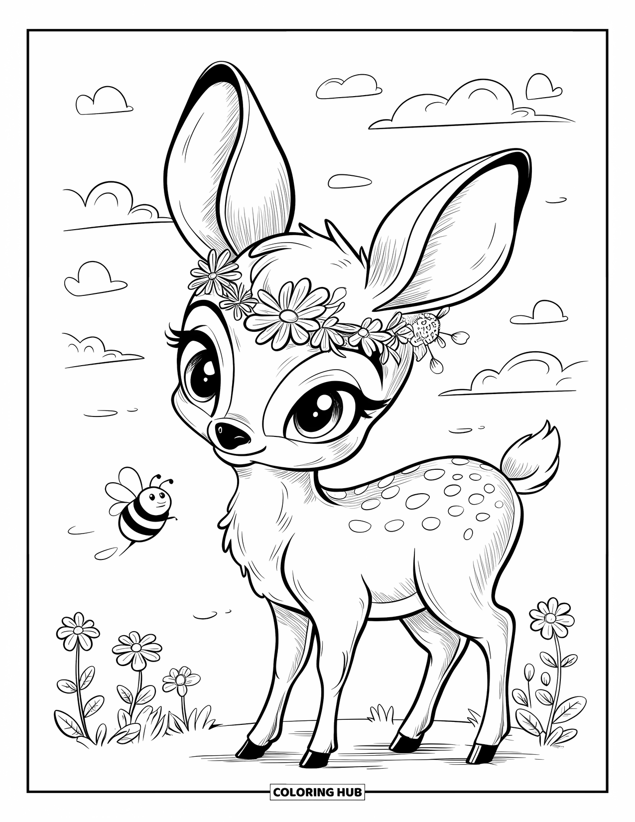 Disegno da colorare di cervi per adulti: Un cerbiatto con le orecchie dritte e una corona di fiori guarda una piccola ape