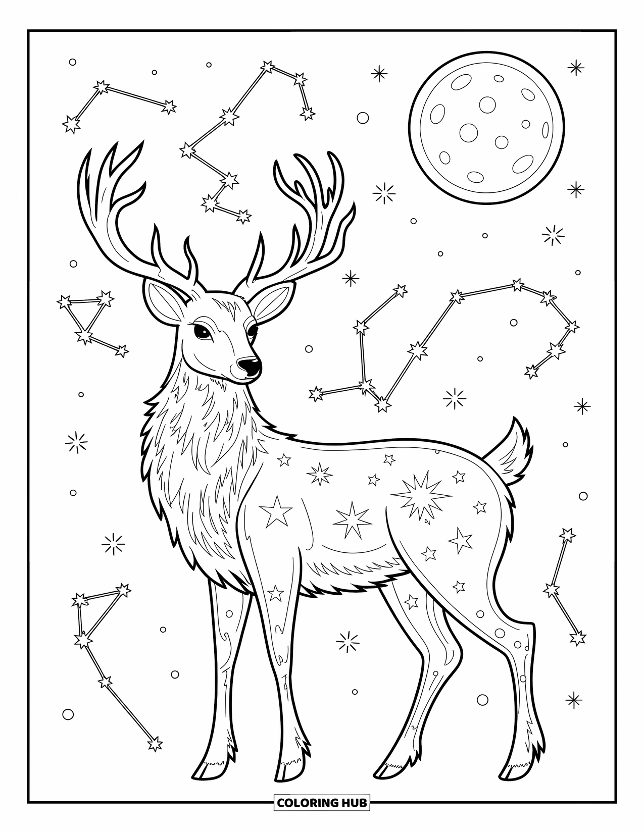 Disegno da colorare di cervi per adulti: Un cervo celeste si erge sotto una luna piena splendente, circondato da costellazioni scintillanti